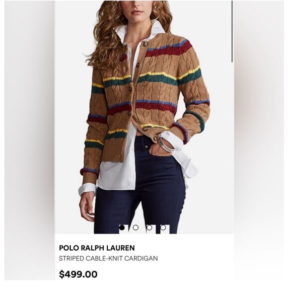 Polo Ralph Lauren Striped Cable Knit Cardigan Camel Wool Cotton XL Preppy $499 - Picture 12 of 13
